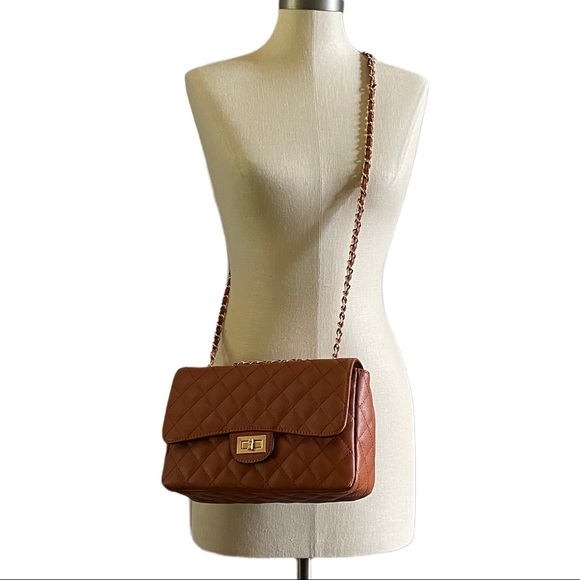 NWT caramel brown vegan leather quilted flap bag with gold chain strap - Picture 8 of 9